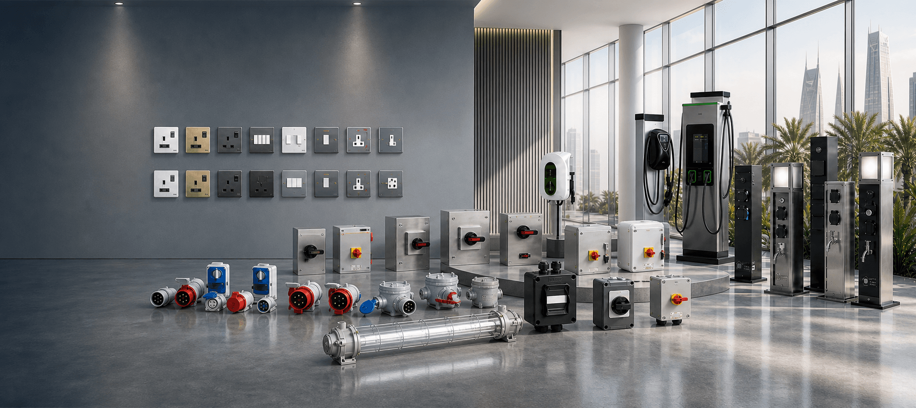 Green Home electrical material supply scene with floor boxes, wiring devices, industrial sockets, EV charging, and project equipment in Saudi Arabia